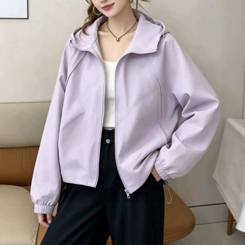 2026 Autumn New Hooded Drawstring Short Windbreaker for Women, Korean Style Loose Casual Zipper Jacket for Petite Women