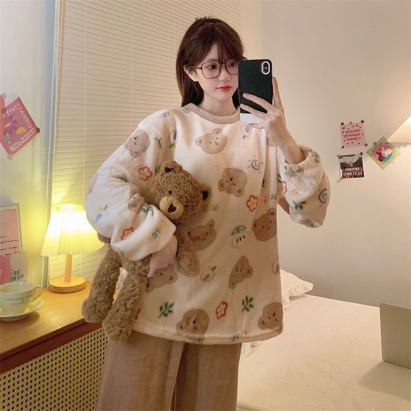 Transfronteriza mayorista franquídea invierno calentamiento grueso ropa doméstica caricatura osos pijamas mujeres coral terciopelo conjunto