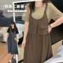 大码撞色短袖显瘦连衣裙