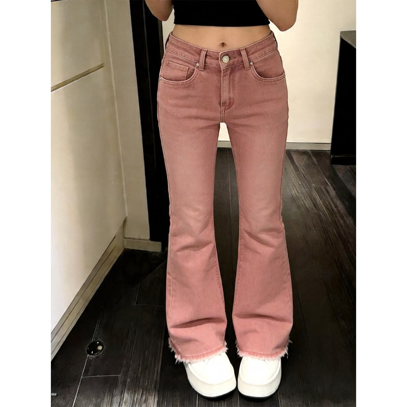 American-Style Fashionable Pink High-Waisted Flared Jeans for Women, New Summer Style, Super Stylish, Tight-Fitting, Slimming Bell-Bottom Pants