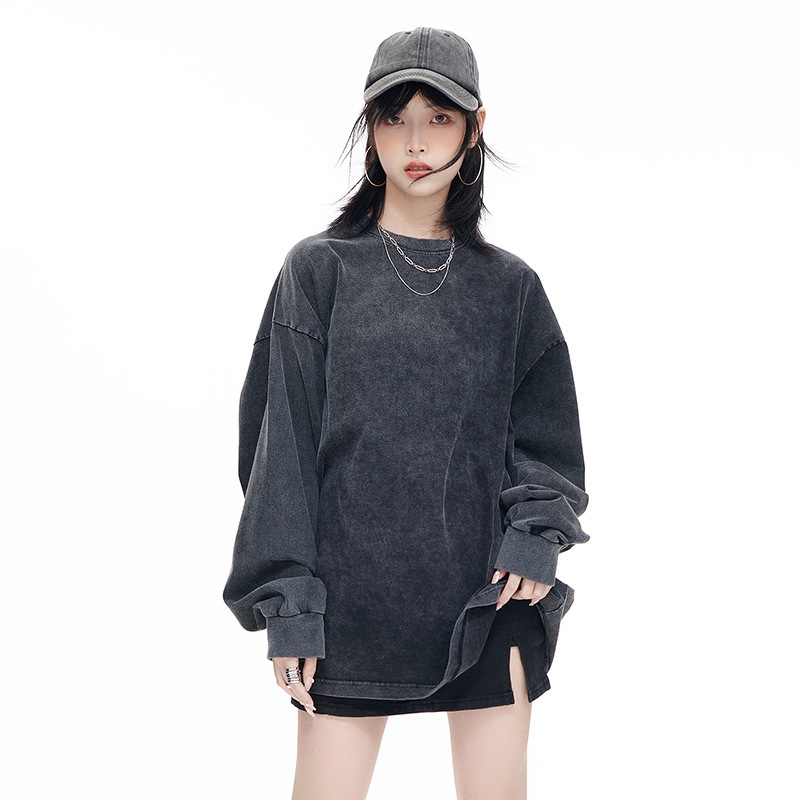 230g Cotton Heavy Duty Old T-Shirt Long Sleeve Large Size Shoulder-drop Cotton Washed Vintage Autumn Clothes Loose oversize