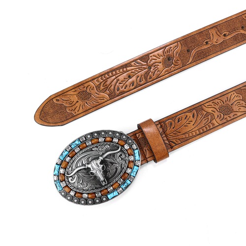 Cross-border Western Denim Belt Bull Head Big Buckle Trendy Retro Youth Retro Men's Punk Leather Belt