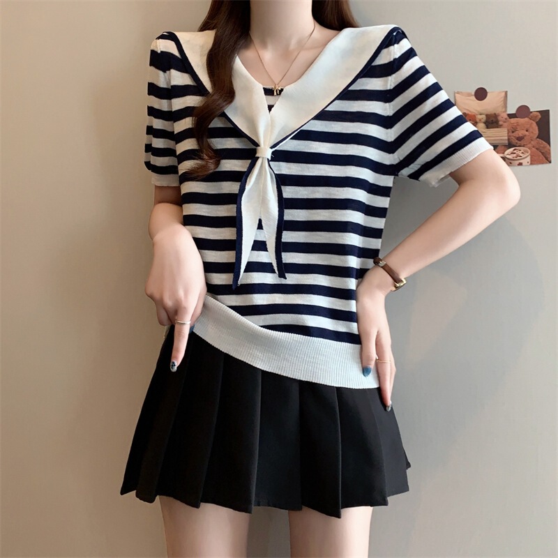 French Preppy Style Contrast Striped Navy Collar Short-Sleeved Sweater for Women Summer Thin Age-Reducing Slimming Top