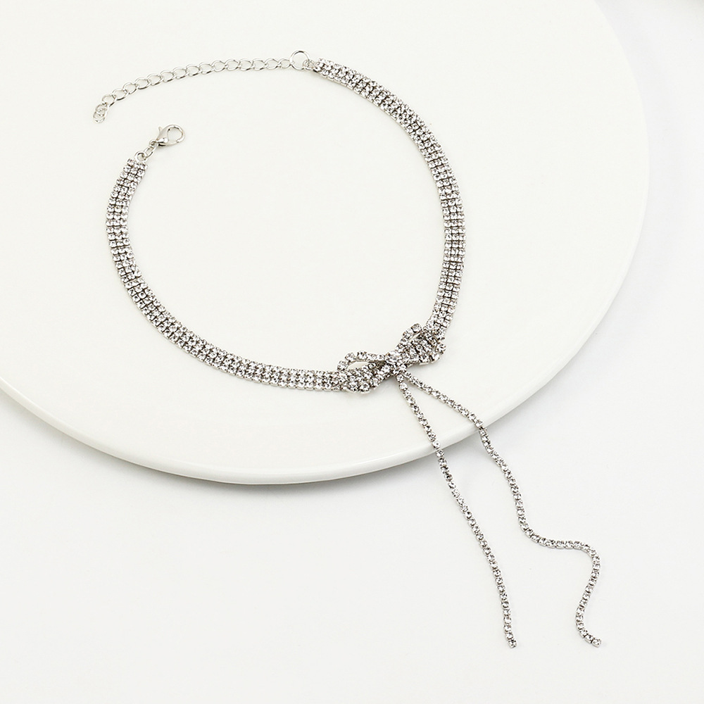 Korean Fashion Shiny Full Rhinestone Bowknot Tassel Short Necklacepicture6