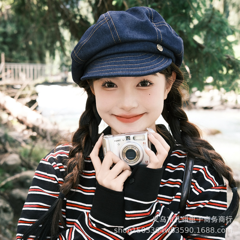 英伦复古牛仔贝雷帽女春秋新款日系复古显脸小画家帽大头围八角帽|undefined