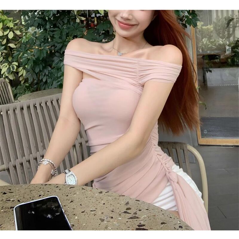 Pink Gentle Sleeveless One-Shoulder Cut Out T-Shirt for Women Summer Pleated Waist Slimming Look Design Strappy Top Pink Gentle Sleeveless One-Shoulder Cut Out T-Shirt for Women Summer Pleated Waist Slimming Look Design Strappy Top