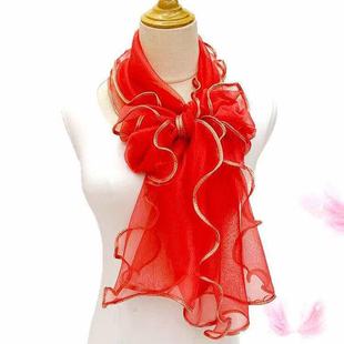 Korean Style Leopard Print Lace Scarf, Versatile Fashionable Gauze Scarf for All Seasons, Long Beach Towel, Sun Protection Red Ruffled Shawl