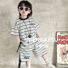 萌苏儿童夏款套装2025夏季男童条纹短袖T恤中小童上衣宝宝夏款潮