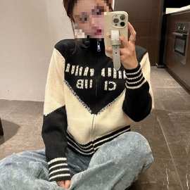 水钻字母刺绣重工钉珠拼色高领拉链长袖针织开衫外套毛衣女秋冬潮