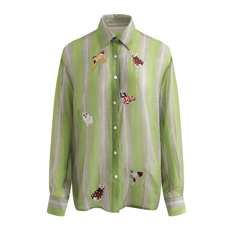 Green Striped Embroidered Sun-Protective Shirt for Women, 2026 New Early Spring Design, Niche Retro Loose Casual Top