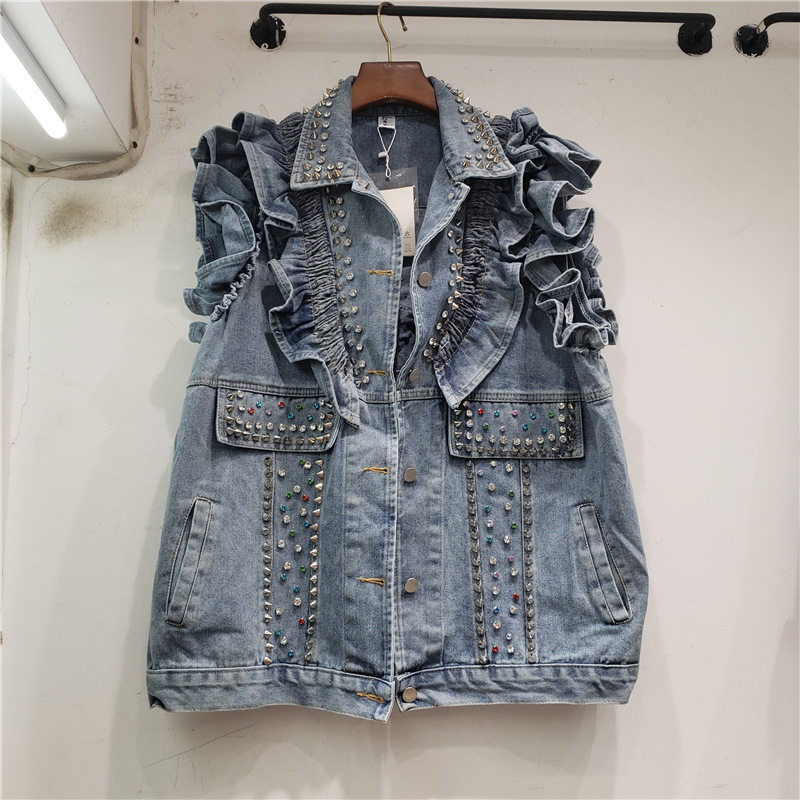 Estación Europea 2023 otoño nueva industria pesada con cuentas de diamantes sueltas Denim adelgazar Chaleco de todo fósforo marca de moda transfronteriza femenina image 1
