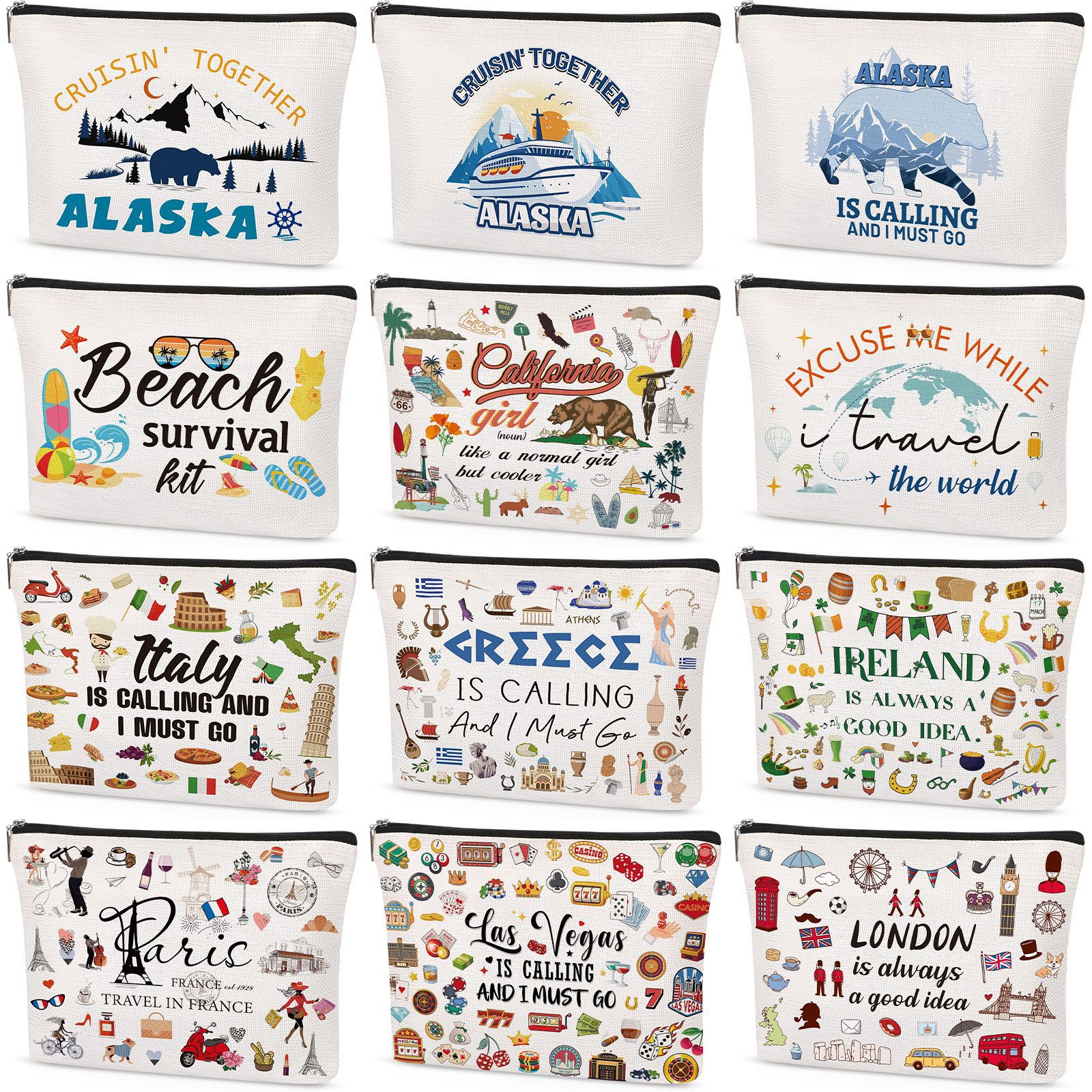 Travel-Themed Cosmetic Bag with Dense Zipper Storage Pockets, Landmark Print, Portable Large-Capacity Makeup Organizer Bag