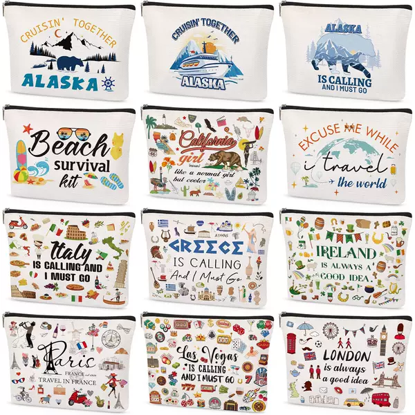 Travel-Themed Cosmetic Bag with Dense Zipper Storage Pockets, Landmark Print, Portable Large-Capacity Makeup Organizer Bag
