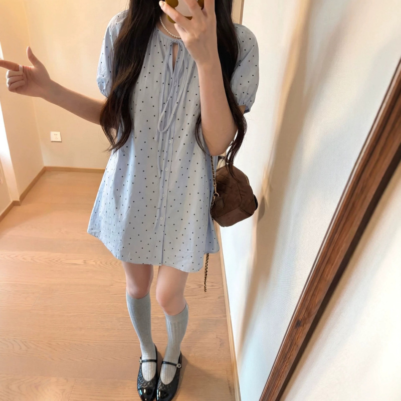 2026 Korean-Style Summer Fresh Polka Dot Puff Sleeve Shirt, Loose Casual Mid-Length Tie-Up Doll Shirt for Women 2026 Korean-Style Summer Fresh Polka Dot Puff Sleeve Shirt, Loose Casual Mid-Length Tie-Up Doll Shirt for Women