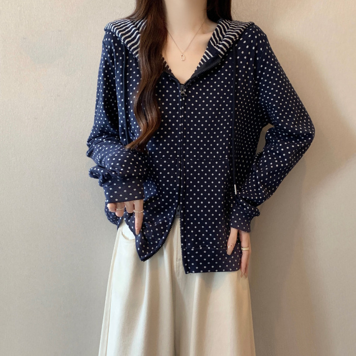 藏蓝色波点连帽正肩卫衣薄款外套女装春秋早秋新款双拉链上衣跨境|undefined