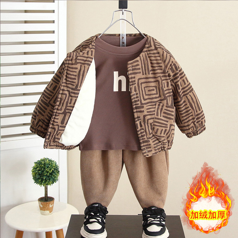 6830 niños otoño e invierno traje de tres piezas para niños más chaqueta gruesa de terciopelo 2025 nuevos pantalones de pana para bebés de moda