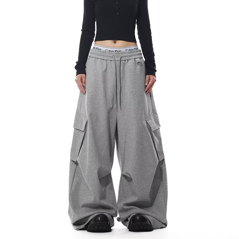 American-Style Air Layer Pleated Curved Knife Sweatpants for Men, Autumn Multi-Pocket Loose Lazy Wide-Leg Casual Long Pants Trendy