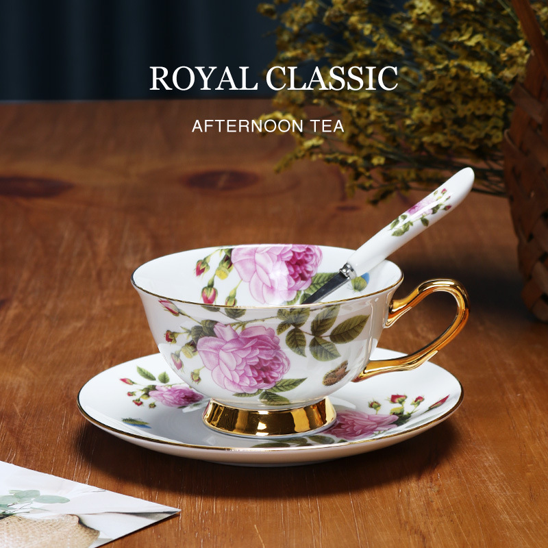 Taza y platillo de café de porcelana taza y platillo de cerámica estilo europeo Oro Negro taza de té Flor de alta calidad juego de té de la tarde caja de regalo
