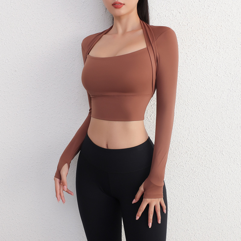 Yoga Wear with Chest Pads, Short-Cut, Quick-Drying, Tight-Fitting Running Training Top, Sexy Slimming Sports Long-Sleeved Top