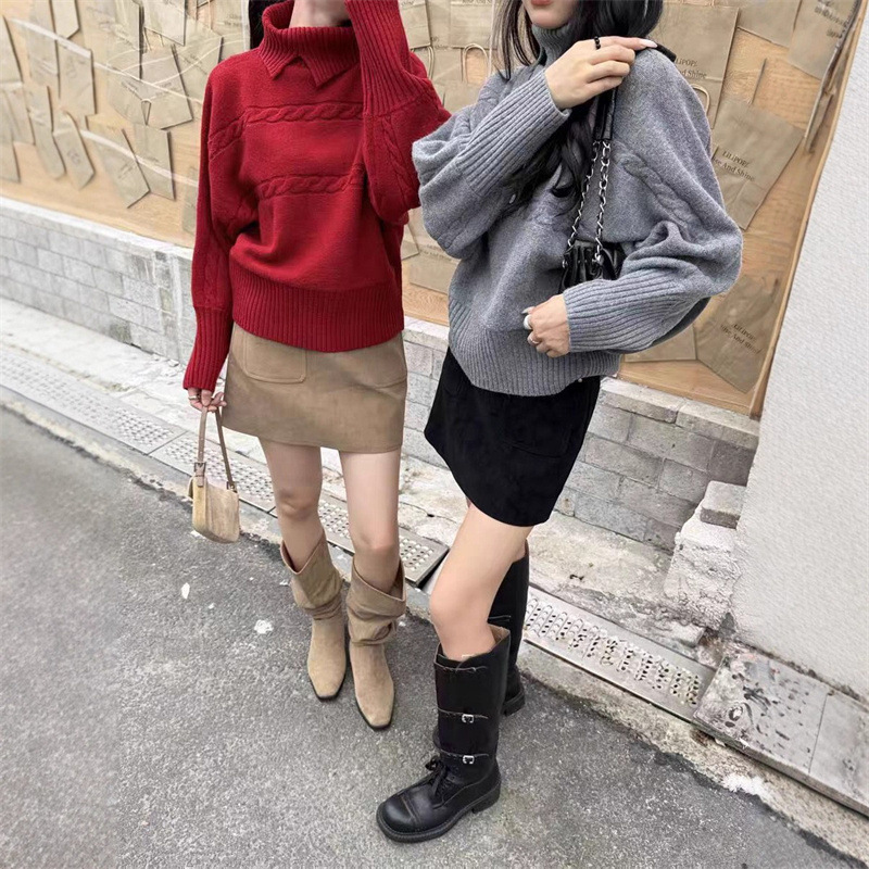 Tongxiang Puyuan Women's High-End European Style High-Neck Twist Waist-Cinching Batwing Long-Sleeve Knit Sweater Top with a High-End Feel