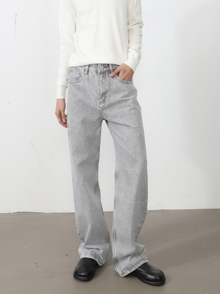 Quần jean nam ống rộng dáng suông thoải mái kiểu Mỹ, vải denim xử lý giặt mài, lưng trung, dài quần — Xanh da trờicolor, Xám đen, màu xám nhạt