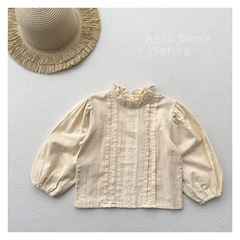 Korean-style Spring and Autumn Baby Girls' Forest System Cotton Lace Top for Girls Cute Retro Earlap Collar Long-Sleeve Blouse