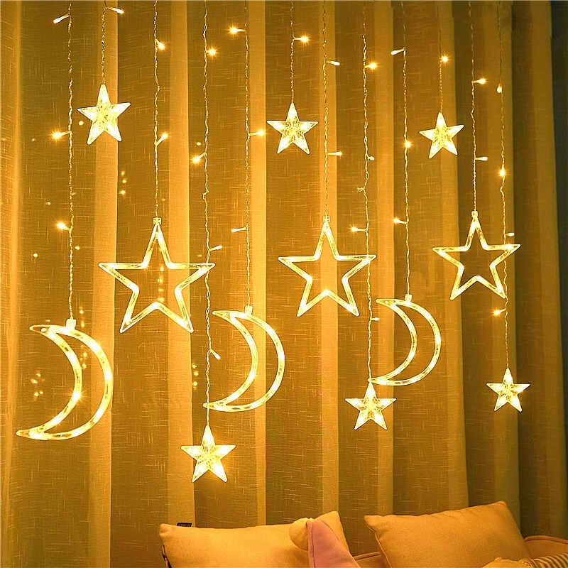 Star Lights Colorful Lights String Led String Lights Birthday Atmosphere Lights Room Decoration Lights Outdoor Camping Style Star and Moon Curtain Lights