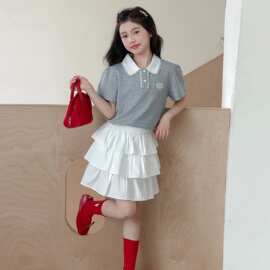 夏季女童短袖polo衫短裙套装童装儿童女孩翻领t恤蛋糕裙两件套潮