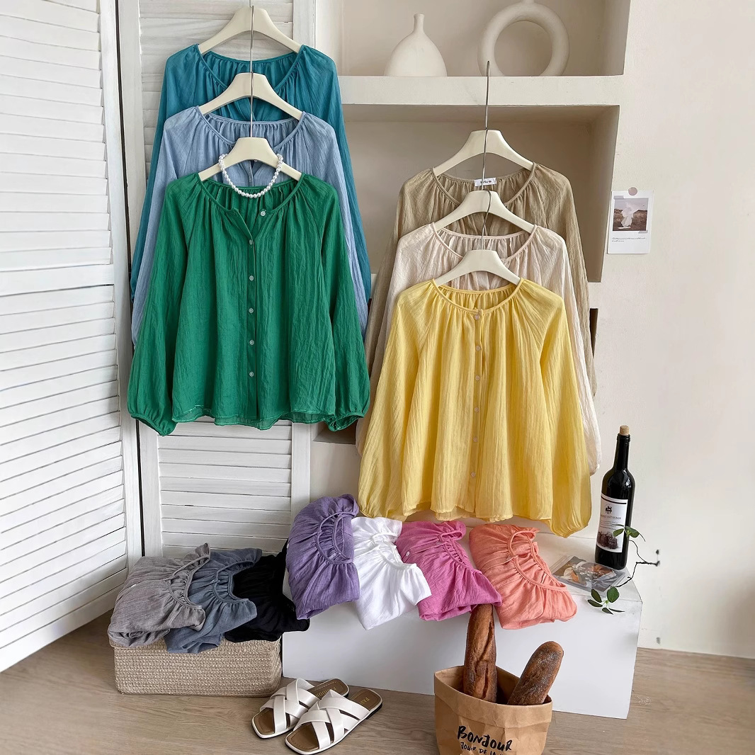 Summer Balloon Sleeve Retro Resort Style Cotton and Linen Sunscreen Shirt Women's Clothing