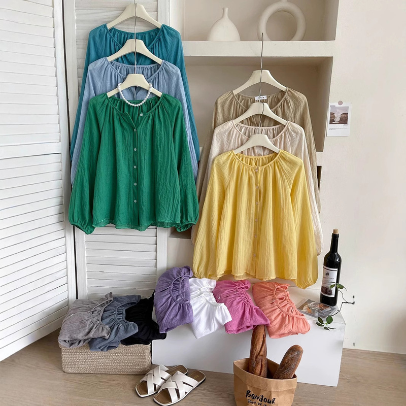 Summer Balloon Sleeves Vintage Vacation Style Cotton Linen Sunscreen Shirt Women's Clothing