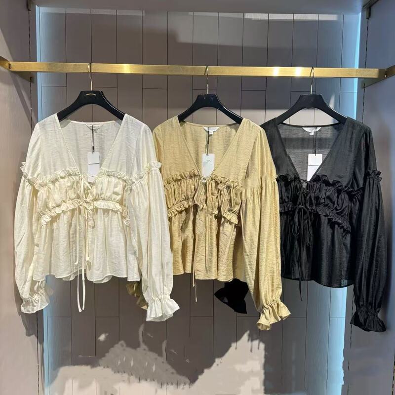 Japanese m Brand 2025 Summer New French Ruffle V-Neck Sun-Protective Long-Sleeve Shirt for Women 028Isa30-3491