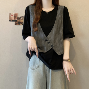 plus size Women's Clothing Design Sense Fake Two-piece Short-sleeved T-shirt Women's Summer chubby girl Slimming Irregular Shoulder Stitching Top