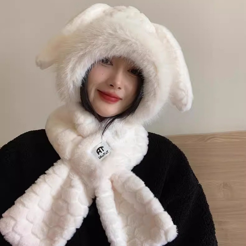 Cute Bunny Scarf Combo For Women Winter Korean Style Face Slimming Fleece Lined Thickened Plush Ear Protection Lei Feng_voghion.com
