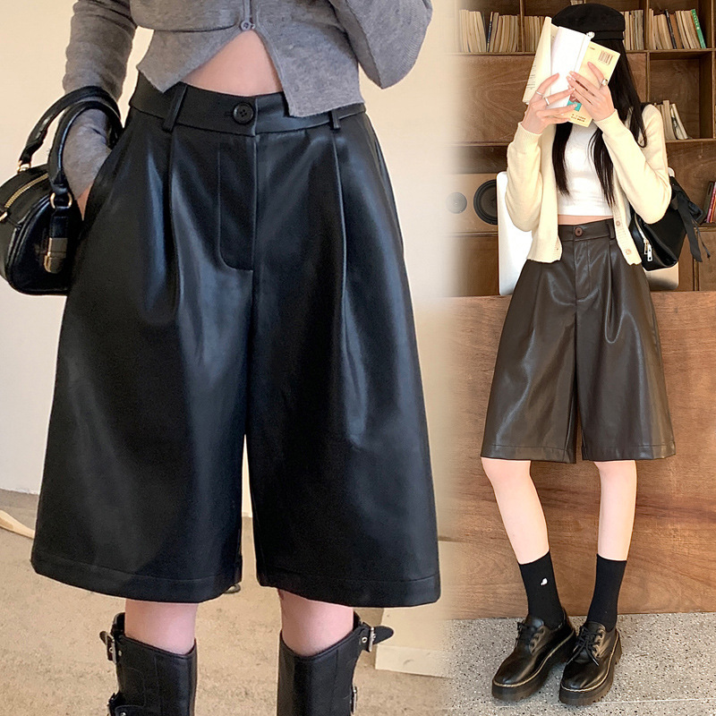 Black Leather Shorts for Women, Spring and Summer, High-Waisted, Slimming, Straight-Cut, Mid-Length, Loose Casual Wide-Leg Boot Shorts