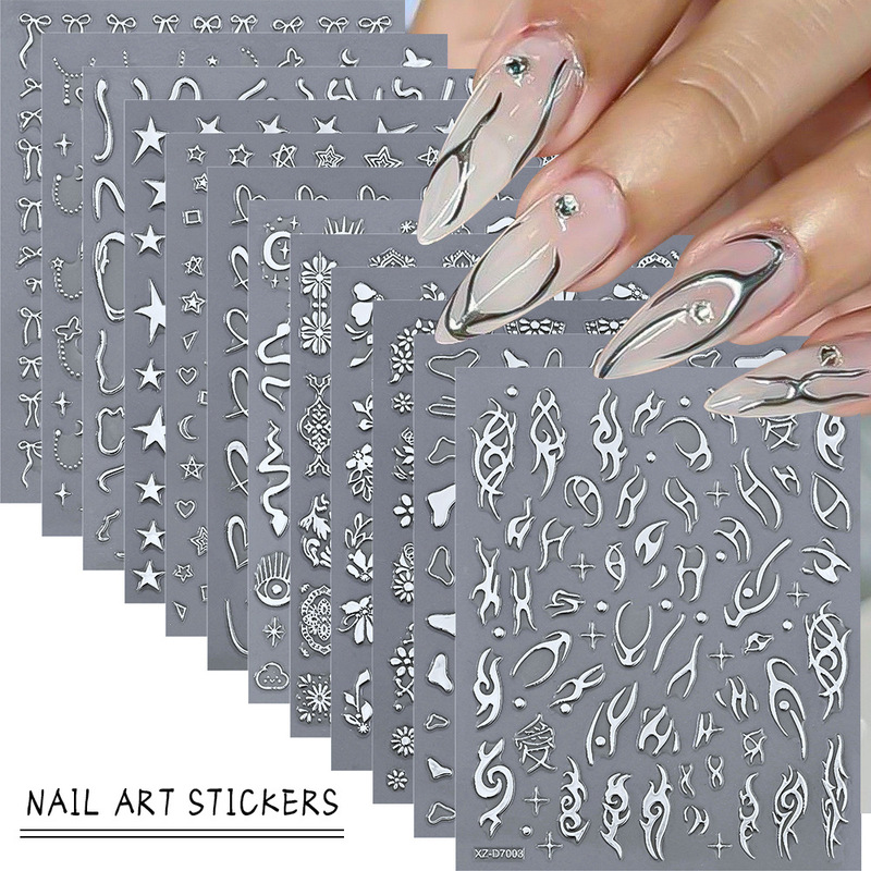 New Hot Silver 12-Piece Bow Star and Moon Flame Nail Art Stickers Millennium Style Sweet and Cool Sexy 3D Adhesive Nail Stickers