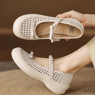 5cm! Genuine Leather Fashion Hollow Bow Toe Sandals for Women 2025 New Thick-Soled Thick-Heeled Buckle Women's Shoes