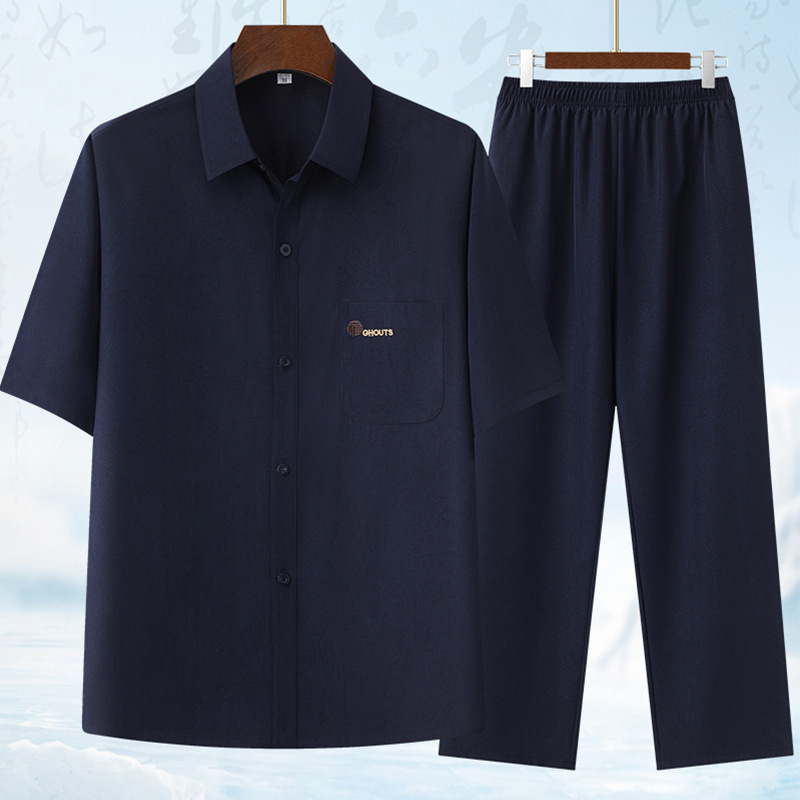 2025 Dad Summer Suit Middle-Aged and Elderly Men's Short-Sleeved T-Shirt Summer Ice Silk Shirt Grandpa Middle-Aged Half-Sleeve