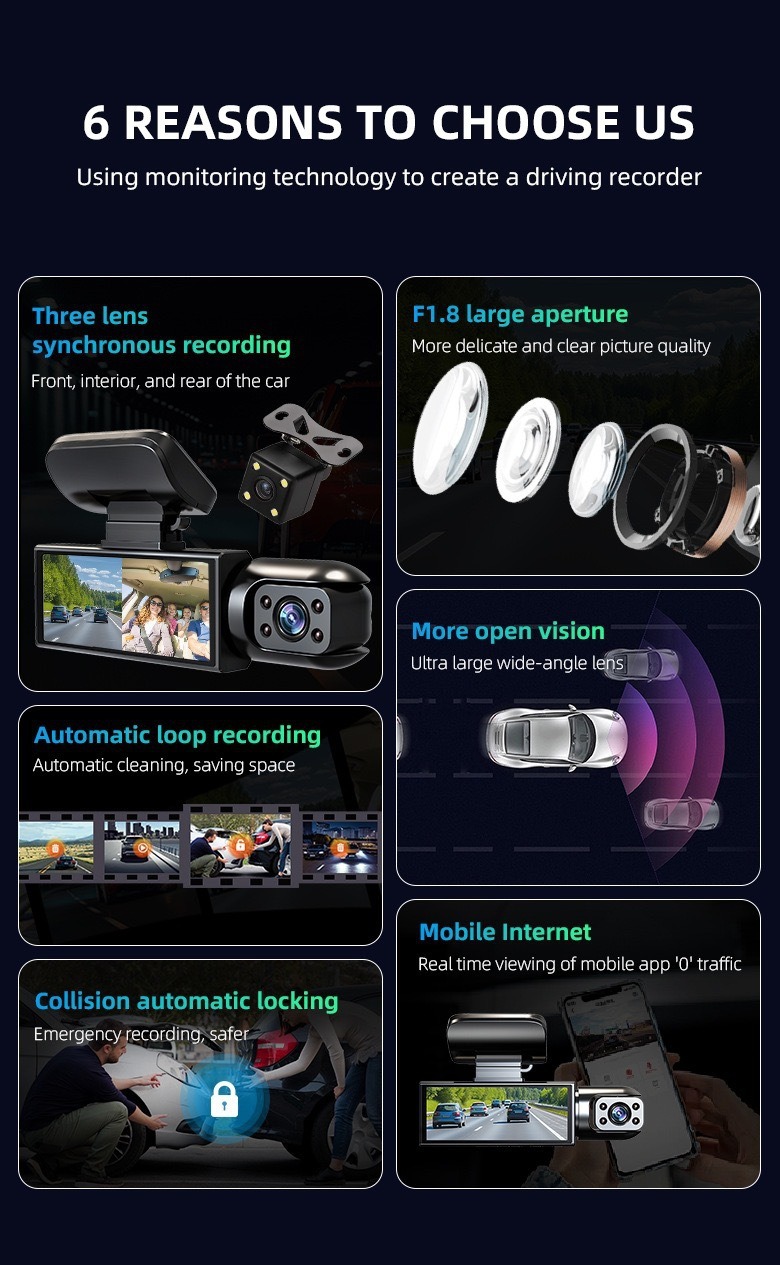 Three-Lens Dash Cam 3.16inch Front, Middle, and Rear Hd Night Vision Reversing Images Wifi Connectivity Wholesale