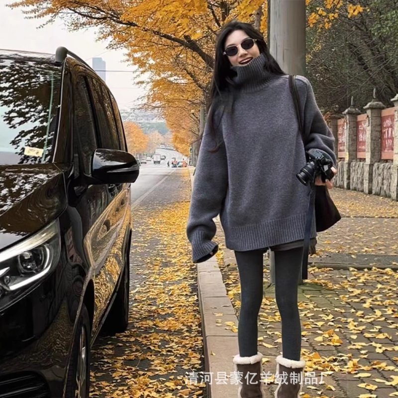 25 High-End Gray Pure Wool Turtleneck Pullover Sweater for Women Autumn and Winter New Loose Lazy Thickeneded Knitted Top