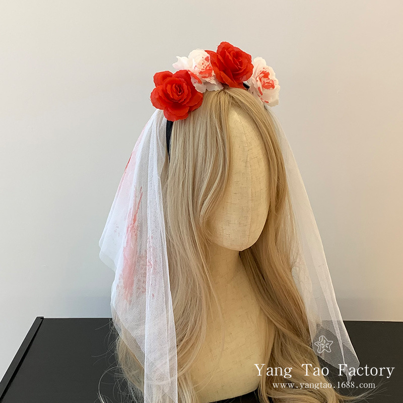 Bloody Bride Oscuro Rojo Flores Cabello Bandera Blanco Mesh Headband Halloween Ghost Cos Bride Accessories Cabello