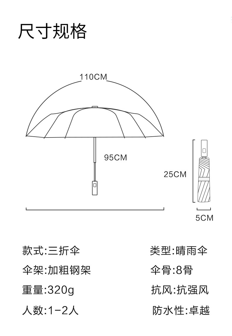 厂家批发雨伞晴雨两用黑胶太阳伞三折折叠防晒防紫外线遮阳伞详情9