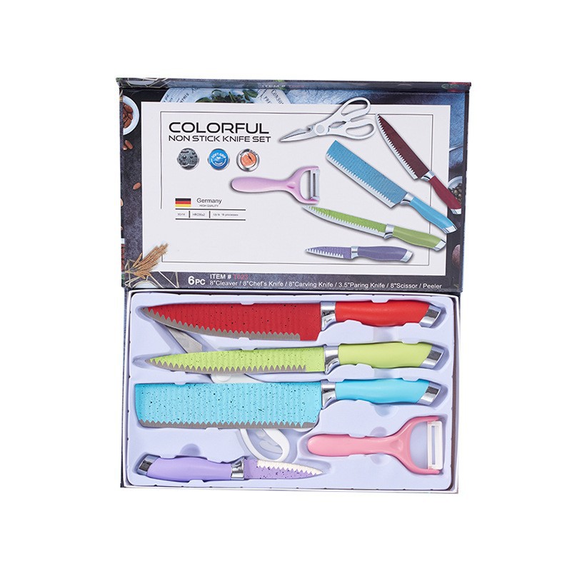 Inventario al por mayor nuevo acero inoxidable pulverización rosa diamante manija viejas seis piezas cuchillo conjunto de herramientas de cocina