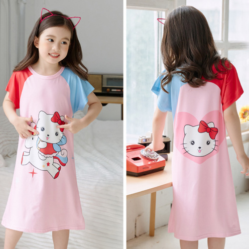 Children's nightgown, girls' pajamas, summer short-sleeved baby's thin Korean style little girl cartoon medium-sized children's home clothes summer