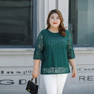 Plus Size Women's Fat mm New Lace Shirt 2025 Summer Loose Belly-Covering Slimming Look Versatile Five-Point Lotus Leaf Sleeve Top
