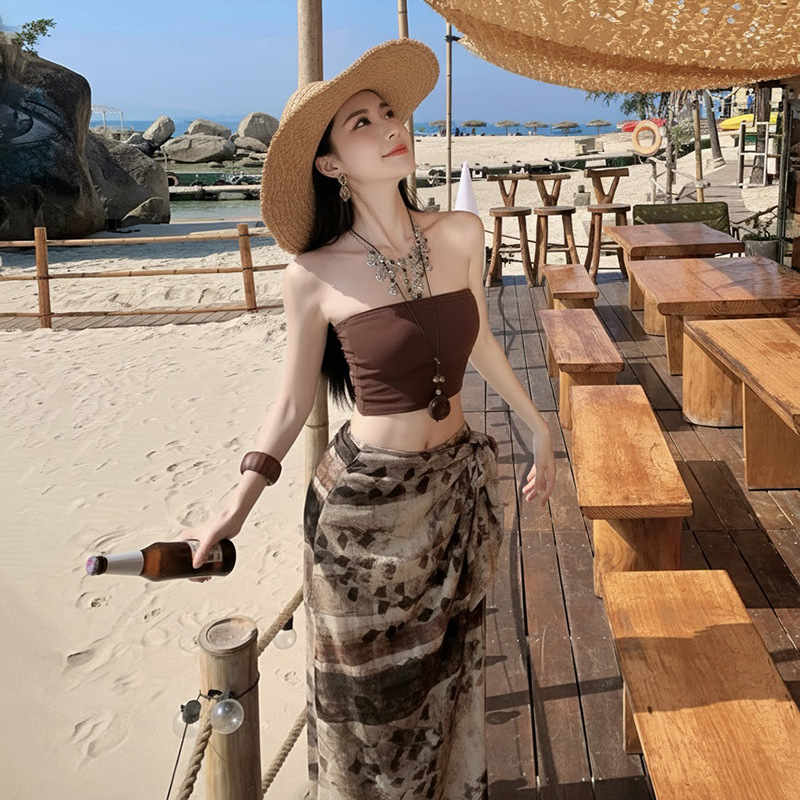 Thailand Sanya swimwear seaside vacation summer tube top tie-dye slit strap irregular skirt three-piece set