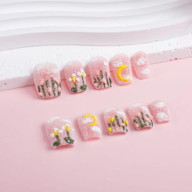Oil Painting Style Pink Gentle Pink Rose Handmade Wearable Nails Removable Nail Pieces Finished Ice Transparent Nail Art