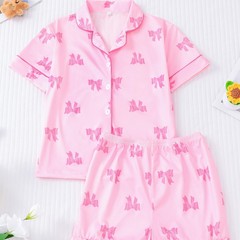 跨境外贸新款童装睡衣印花翻领短袖短裤欧美家居服girl pajama