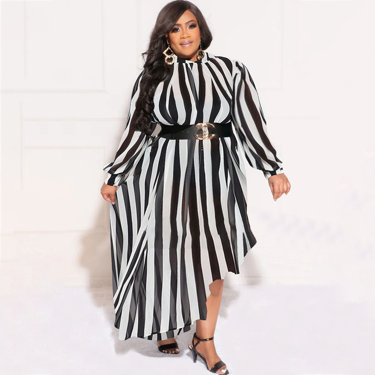 Plus Size Long Sleeve Round Neck Print slant hem Dress NSLNW137041