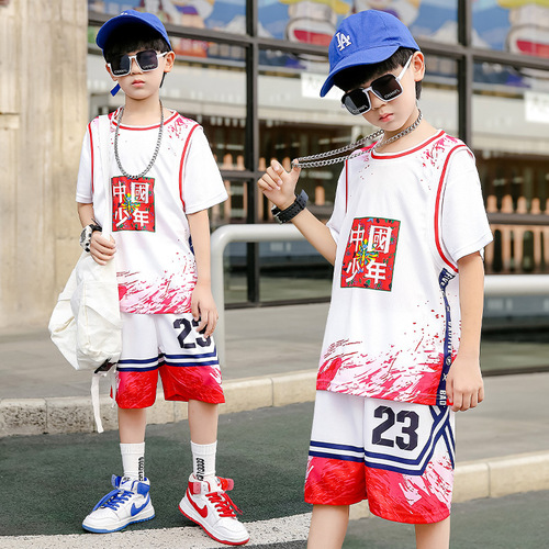 Fake two-piece children's basketball uniforms printed summer uniforms for boys and girls training uniforms jerseys for middle-aged and older children sports suits