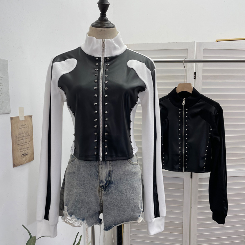 Real Shot of Motorcycle Style Sexy Pu Leather Splicing Rivet Stand Collar Contrasting Color Long-Sleeved Jacket Short Top Jacket 8958